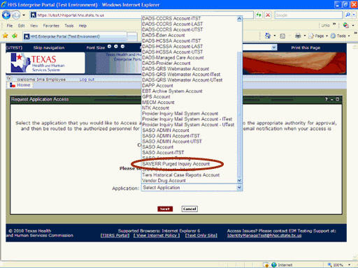 Screenshot of Select Application list box